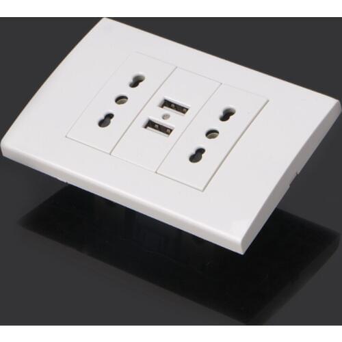 ABS 16A Wall Double Italian/Chile Plug Power Socket Adapter Dual USB Ports Panel 5V 1A