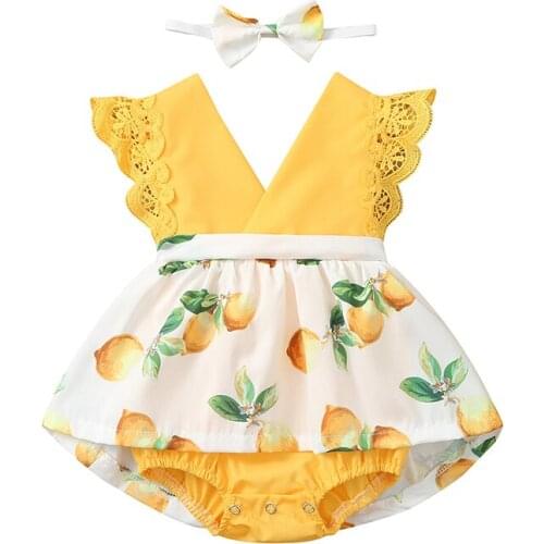 Baby Girl Clothes Lemon Print Clothes Set Sleeveless V-neck Jumpsuit With Ruffles Bow-knot Headband Childrens Clothing Sets