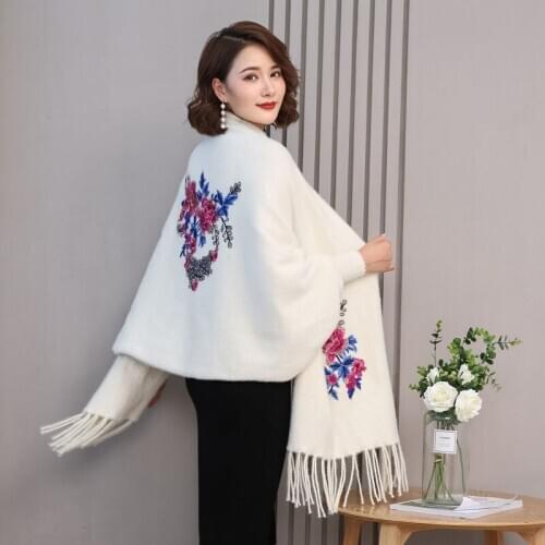 Artificial Mink Fur Cheongsam Cape Shawl Coat Female Autumn And Winter New Style Knitted Sweater With Sleeves Embroidered Cape