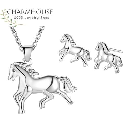 Charmhouse Silver 925 Jewelry Sets For Women Horse Stud Earring Necklace Brincos Collier 2pcs Wedding Jewelery Set Accessories