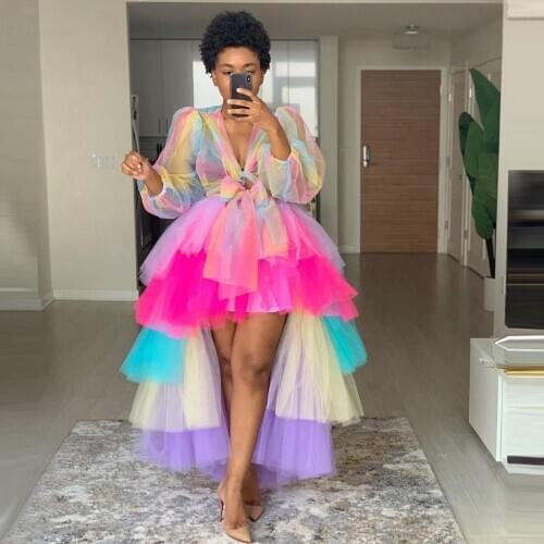 Pretty Rainbow Tulle Tops Custom Made Long Sleeve Sheer Tulle Blouse Women Party Maxi Photo Shoot Top Plus Size
