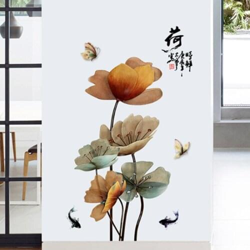 Chinese style lotus wall stickers living room bedroom wall decoration wall wallpaper