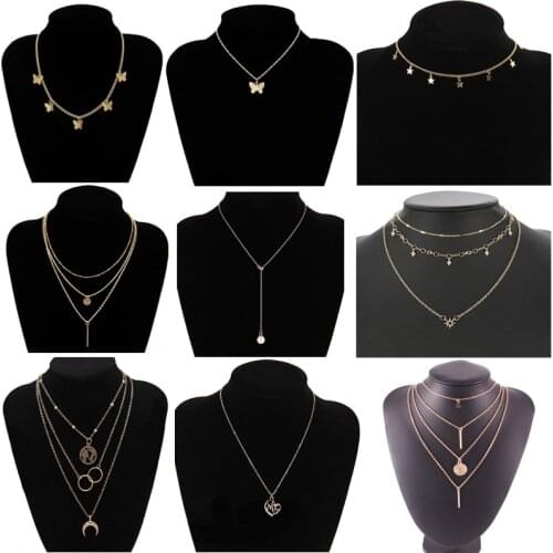 Lots Boho Multilayer Crystal Necklaces For Women Trendy Gold Silver Choker Vintage Moon Star Butterfly Pendant Necklace Jewelry