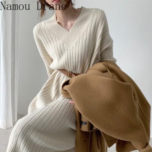 Autumn Winter Straight Knitted Dress Women V-neck Female Sweater Dress Casual Female Knitted Pullovers Dress Maxi Vestidos 2019