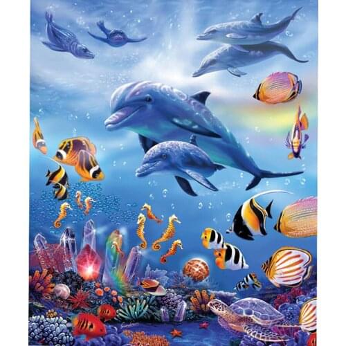 Full 5D Diy Diamond Painting Cross Stitch Kits Diamond Embroidery Sea World Dolphins and Fish Picture Mosaic Pattern Home Decor