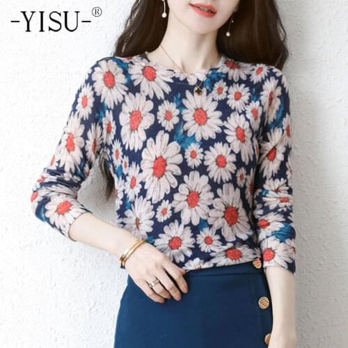 YISU 2021 Spring Autumn Pullover Sweater Women Soft Loose Knitted Sweaters Jumpers Female Chrysanthemum printing sweater Women