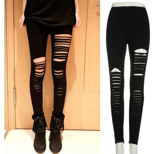 Sexy Women Goth Punk Slashed Ripped Slit Stretch Leggings Black Ladies Pencil Sexy Pants