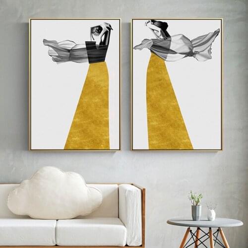 Nordic Canvas Paintings Posters Abstract Gold Leaf Women Wall Background Art Near Sofa