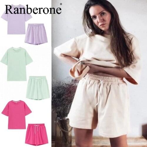 Ranberone Summer Casual Womens Tracksuit Short Sleeved Elastic Waist Shorts Two Piece Set Sport Suit Female Fitness Sportswear