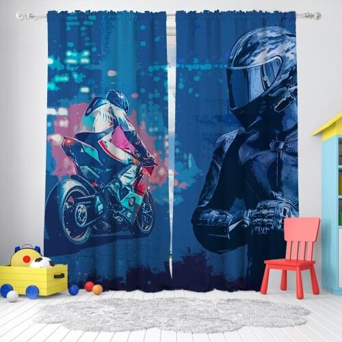 Cipcici Blue Motor Racer 2 Panel Blackout Curtain Unisex Kids Living Room Decorative Child Motorcycle Rider Elite Cars