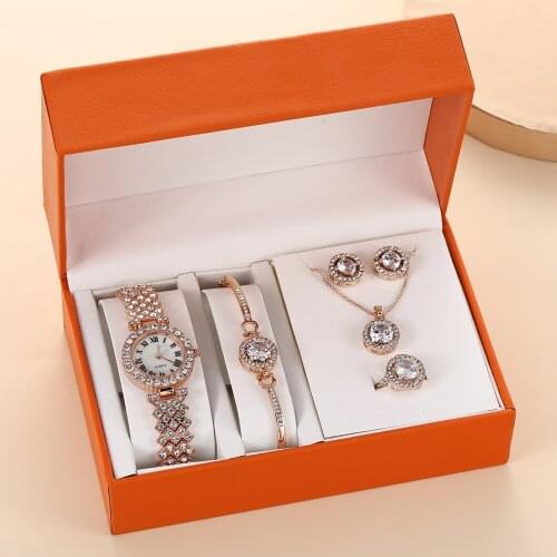 XSVO Ladies Fashionable Luxury Boutique Set Gift Box Full Diamond Watch + Bracelet + Ring + Earrings Necklace Gift Set