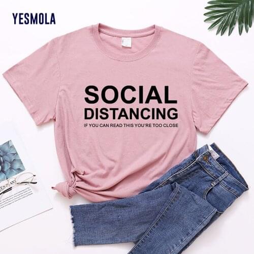 YESMOLA Women Short Sleeve Social Distance Letter Print T Shirt O Neck Loose Tshirt Women Tee Shirt Tops Female Clothes
