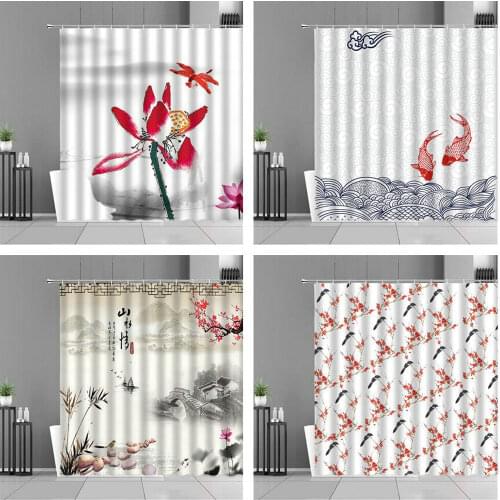 Chinese Style Shower Curtain Flowers Bird And Fish For Bathroom Curtains Home Decor Plum Ink Painting Bathroom Things For Home