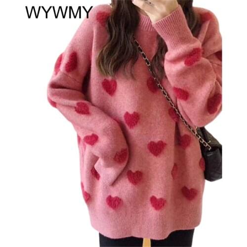 WYWMY Print Knitted Sweater Women Elegant Red Love Oversized Pullovers Women Autumn Winter Loose Sweater Streetwear Sueter Mujer