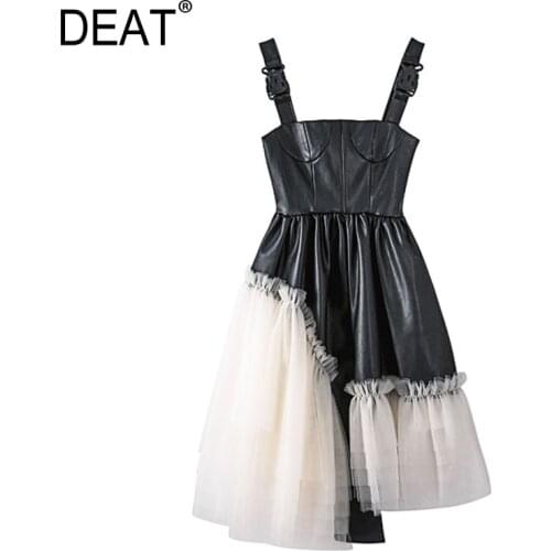 [DEAT] 2021 Spring Summer New Black PU Leather A-line Splicing High Waist Irregular Net Yarn Dress Women Fashion Tide 13C419