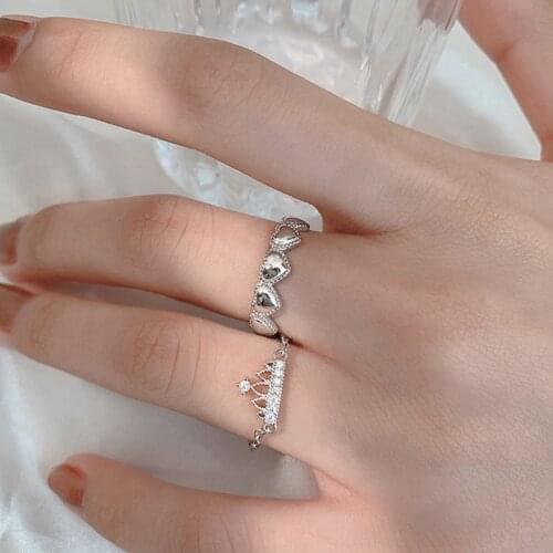 Cxwind New Crystal Crown Temperament Stack Rings for Women Finger Luxurious Adjustable Chain Pull Ring Engagement Jewelry Gift