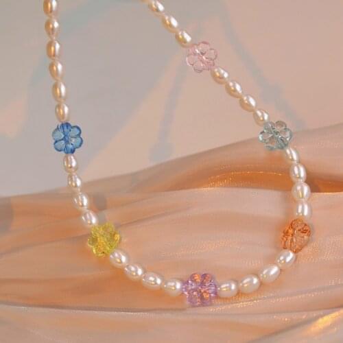 MENGJIQIAO Korean Sweet Colorful Acrylic Flower Choker Necklace For Women Girls Elegant Pearl Beads Collares Jewelry Kolye Gifts