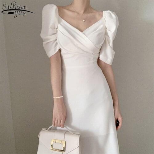 Korea White Dress Women French Style Elegant Slim V-neck Dress Puff Sleeves Chiffon Dress Women Long Dress Women Robe 13904
