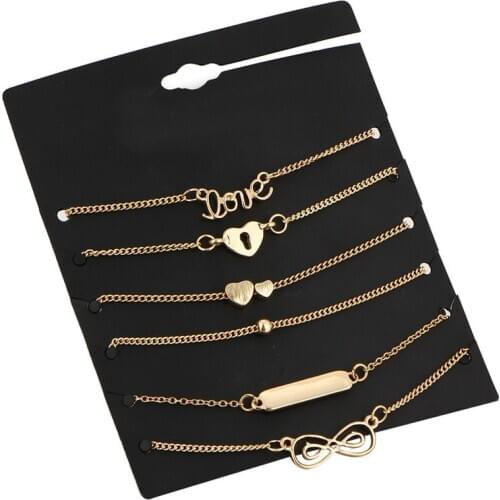 6PCS Ankle Bracelet Set Bohemian Gold Chains Infinity Double Heart Love Lock Bracelets For Women Anklet Foot Leg Jewelry