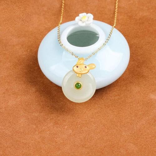 Lovers S925 Sterling Silver Gold-Plated Natural Hetian Jade White Jade Hare Peace Buckle Jasper Pendant Clavicle Chain Necklace