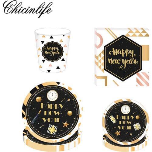 Chicinlife 1Set 2020 Eve Happy New Year Paper Plate Cup Napkin Party 2019 Christmas Table Decorations For Home Supplies