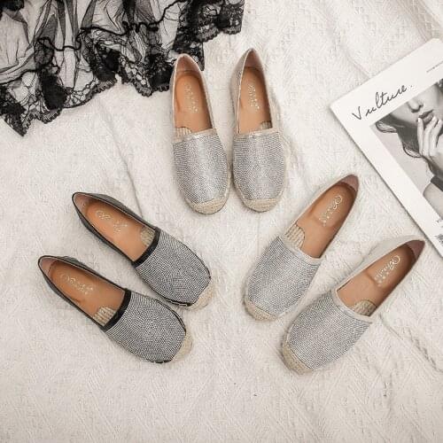 Espadrilles crystal rivets slip on loafers women hemp knitted cover toe shallow moccasins sewing gold/silver straw flats shoes