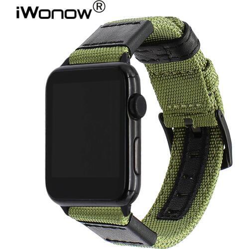 Canvas Nylon & Leather Watchband for iWatch Apple Watch SE 38mm 42mm 40mm 44mm Series 6 5 4 3 2 1 Band Steel Buckle Strap Belt