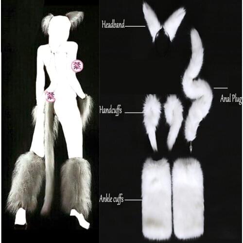 Fox Tail Cosplay Sex Products For Adult Game Long Fox Tail Butt Plug+Wrist Hand Cuffs +Leg Ankle Cuffs +Headband Sex Wear Toy