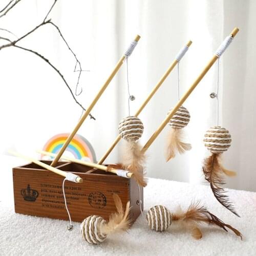 Cartoon Pet Cat Teaser Toys Feather Wood Rod Mouse Toy With Mini Bell Cat Catcher Teaser Wooden Stick Cat Interactive Toys