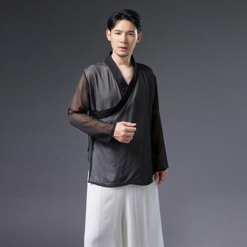 Men Martial Arts Kungfu Wushu Tai Chi Shirt Linen Chiffon Chinese Traditional Loose Sweatshirt Exercise Casual Meditation Shirt