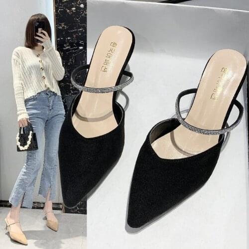 2021 Summer New Style Outer Wear Womens Slippers, Rhinestone Stiletto Half Slippers, High Heels Women Sandals