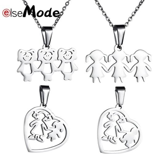 ELSEMODE Family Love Pandas Girls Mom Kid Heart Pendant Necklace Gold Siteel 316L Stainless Steel Necklaces Mama Kid Sister Gift