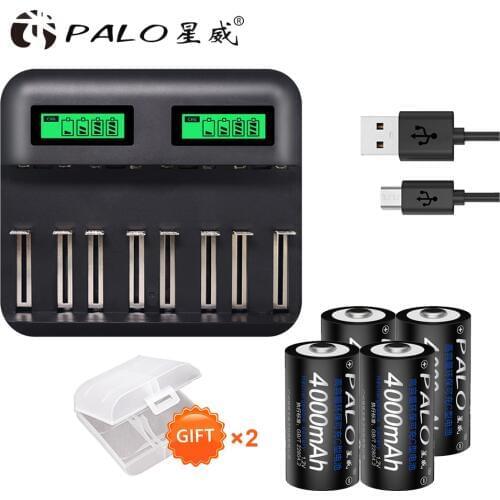 Palo 4pcs C size Rechargeable Battery + LCD Battery Charger for 1.2V NiMh NiCd AA AAA SC C D Battery Fast Charger