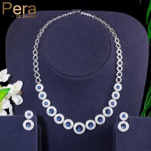 Pera Exclusive Design Royal Blue Cubic Zirconia Round Circle Link Choker Women Wedding Party Necklace Jewelry Set for Bride J335