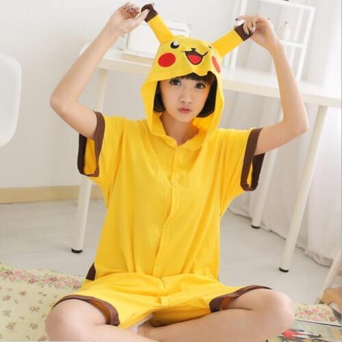 Pika Raichu Summer for Adults Cartoon Animal Cotton Onesies Pajamas Jumpsuit Hoodies Cosplay Kigurumi Costumes for Adult