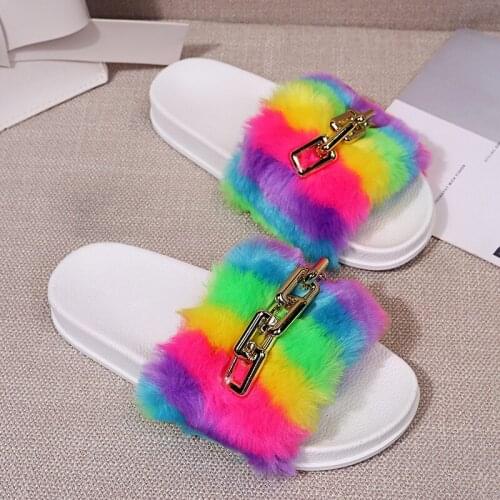 New Color Plus Size Women Sandals Fashion Woman Outside Beach Fur Slides White Chain Roman Sandals Slip on Casual Ladies Shoes
