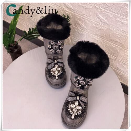 Original design rabbit hair real fur drill thickened warm snow boots