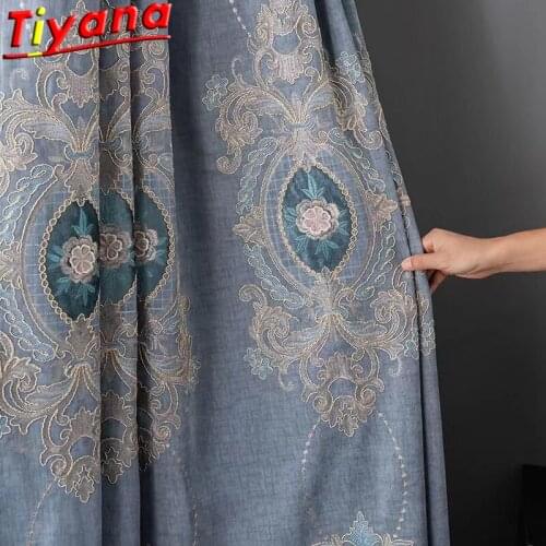 TIYANA Thick Cashmere Chenille Embossed Embroidered Curtain for Living Room European Blue/Grey Blackout Window Drapes Bedroom#VT