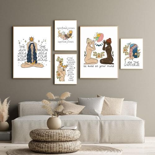 Female Energy Poster Nude Figure Art Print Female Empowerment Quote Canvas Painting Celestial Wall Picture For Living Room Decor