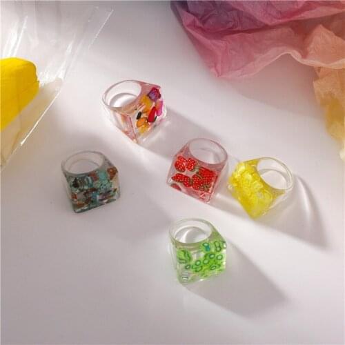Vsnow Korean Style Resin Arcylic Transparent Fruit Cube Ring for Women Girls Unique Design Geometrical Summer Ring Jewelry