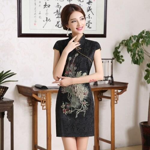 Chinese Women White Flower Wedding Qipao Vintage Mandarin Collar Cotton Mini Cheongsam Plus Size Short Sleeve Evening Dress