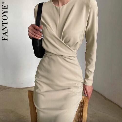 Fantoye Elegant Solid Twist Midi Dress For Women O-neck Long Sleeve Bodycon Pencil Dresses Partywear Pleated Back Split Vestidos