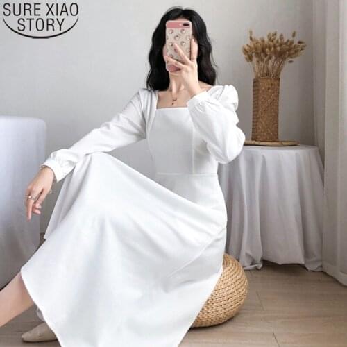 Backless Dresses Gentle Sweet White Dress Vintage Square Collar 2021 Autumn French Elegant Temperament Slim Midi Dress 13016