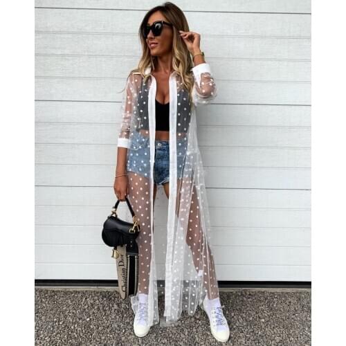 Womans Polka Dot Beach Smock Sexy Lapel Long Sleeve Mesh Perspective Coat Daily Life and Vacation