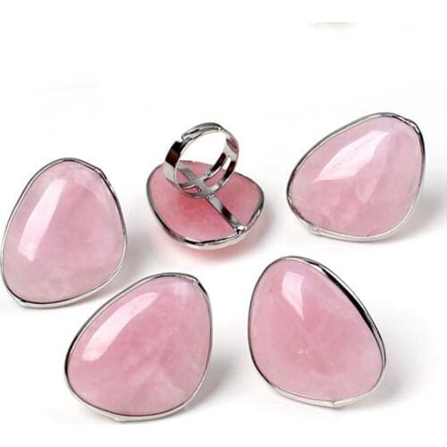 Fashion Crystal Silver Plated Geometric Shape Original Rose Pink Quartz Adjustable Ring for Women Engagement Anniversary Jewelry
