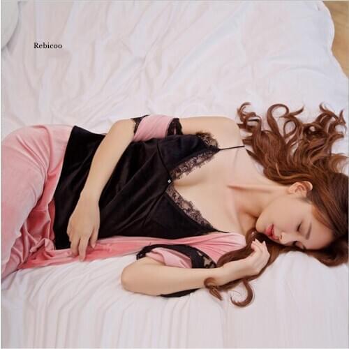 Gold Velvet Pajamas Women Autumn Winter Warm Pajamas Set Women Sexy Lace Sleepwear Sleeveless Strap Nightwear Robe