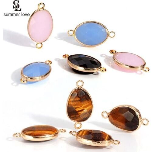 5PCS Natural Stone Charms Gold Oval Geometry Double Hole Connectors Beads for DIY Jewelry Earrings Bracelet Making Accessories
