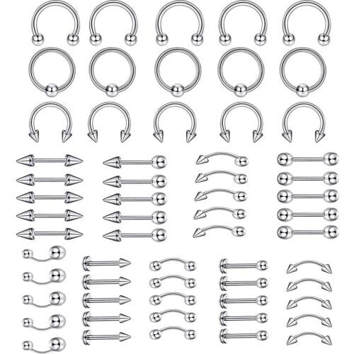 60Pcs Unisex Gothic Punk Stainless Steel Lip Nail Eyebrow Stud Nose Ring Piercing Mixed Set Nipple Ring Belly Button Piercing