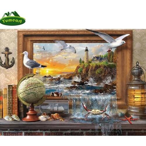 YUMEART DIY Full Diamond Embroidery Coastal Lighthouse Flying Birds Animals 5D Diamond Painting Waterfall Mosaic Wall Decor