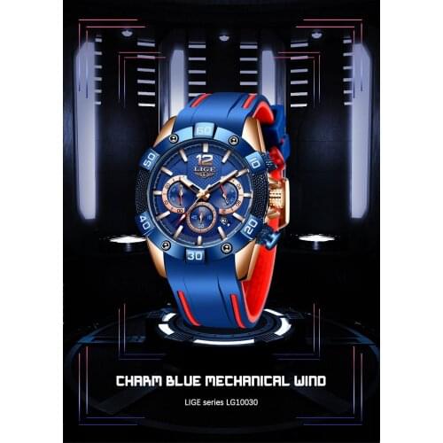 Top Luxury Brand LIGE 10030L Fashion Mens Silica Gel Band Watch Clock Sports Chronograph Waterproof Quartz Male Wristwatches